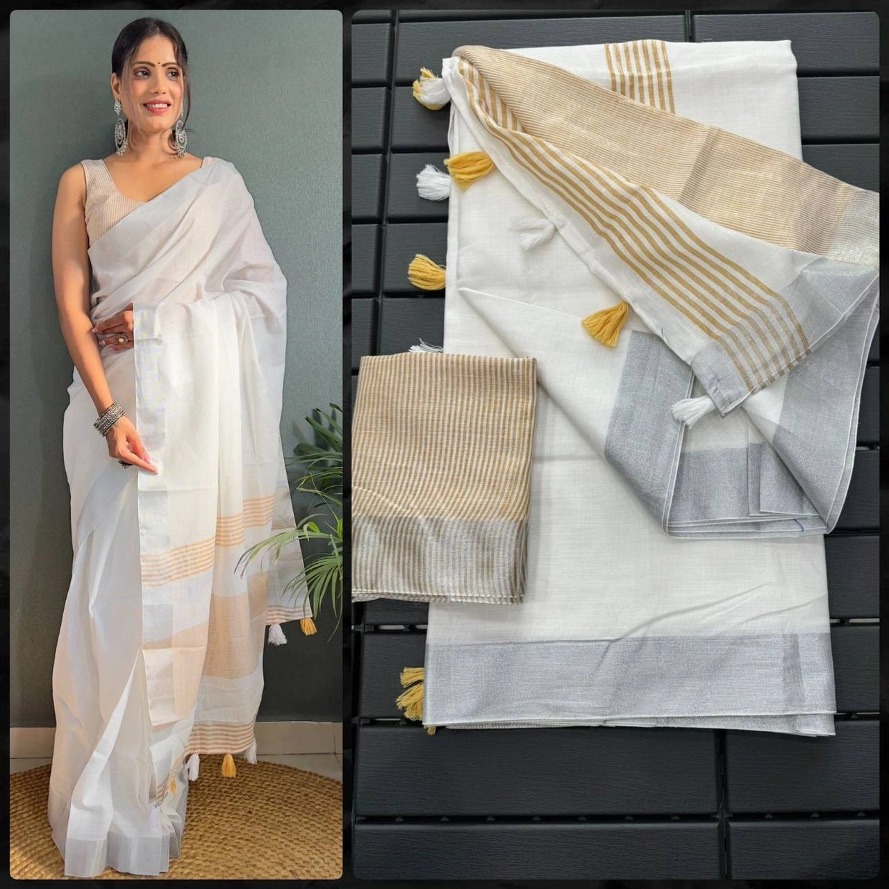 Handwoven Mercerised Cotton Saree: Stunning Manipuri Pattern with Silver Border-Cream-1