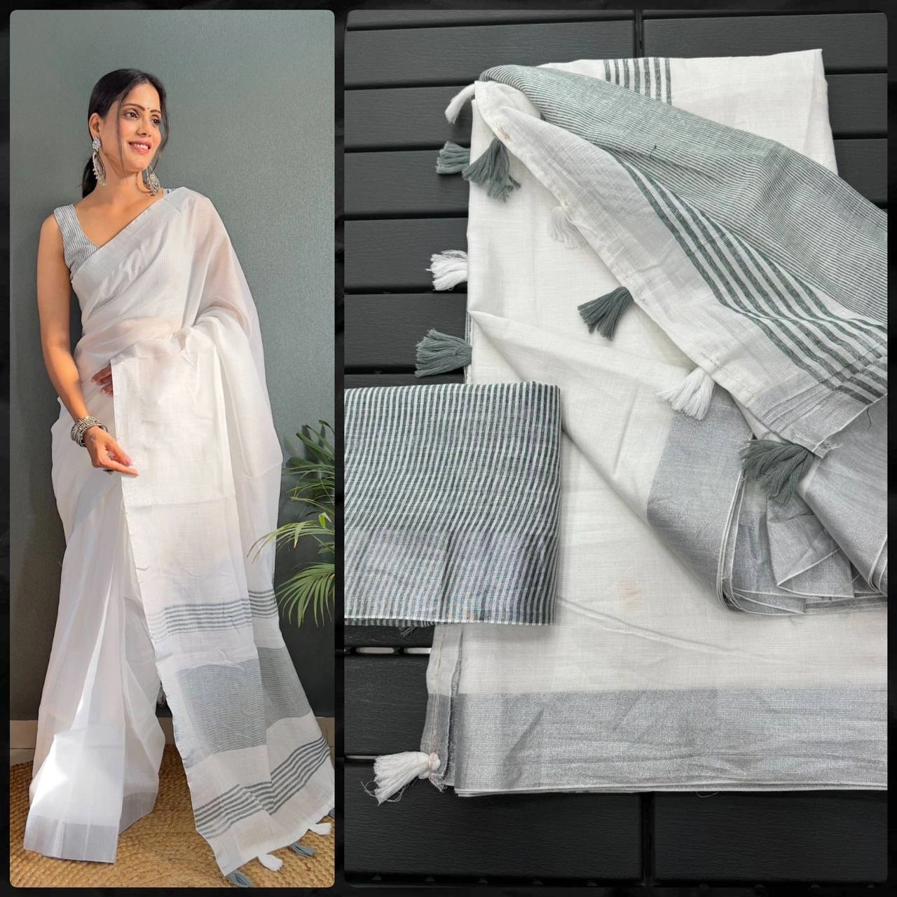 Handwoven Mercerised Cotton Saree: Stunning Manipuri Pattern with Silver Border-RVR-09-Grey