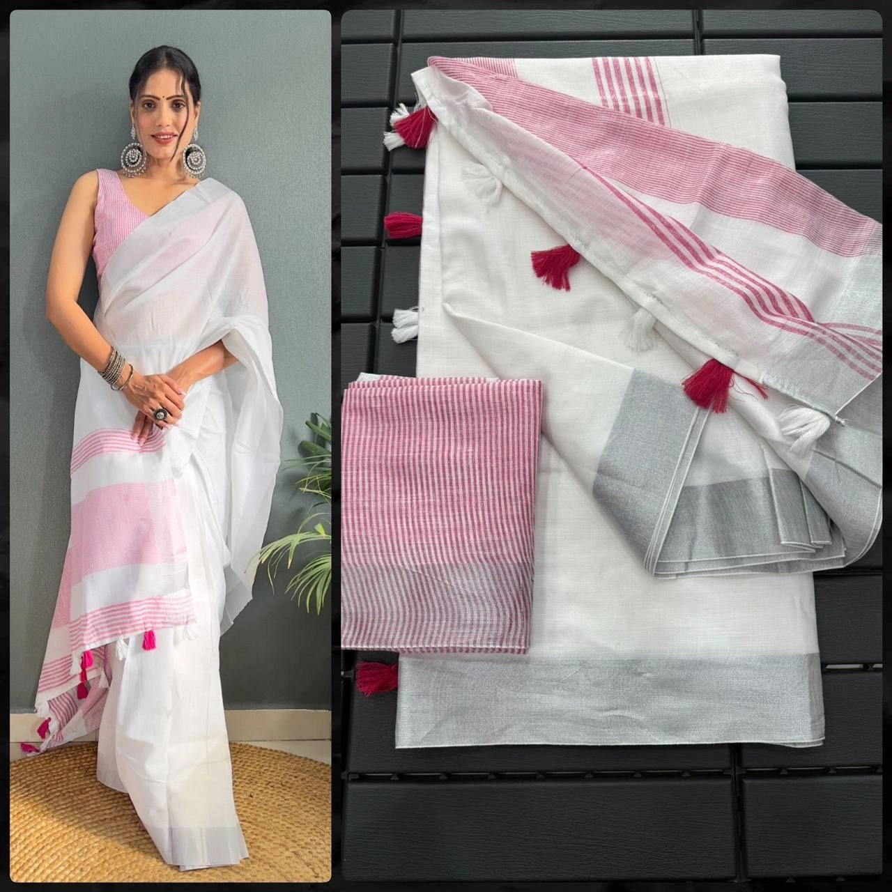 Handwoven Mercerised Cotton Saree: Stunning Manipuri Pattern with Silver Border-RVR-09-Pink