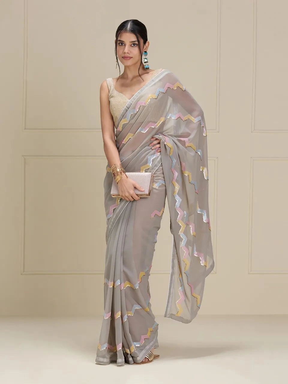 Embroidered Georgette Saree with Banglory Silk Blouse-RVT-608-Grey