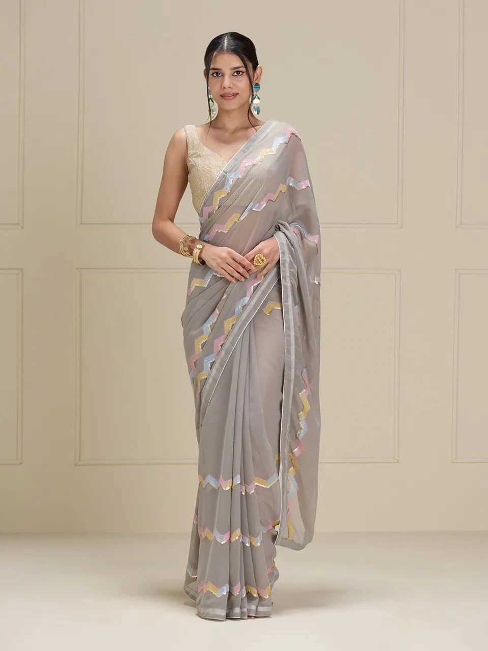 Embroidered Georgette Saree with Banglory Silk Blouse-Grey-1