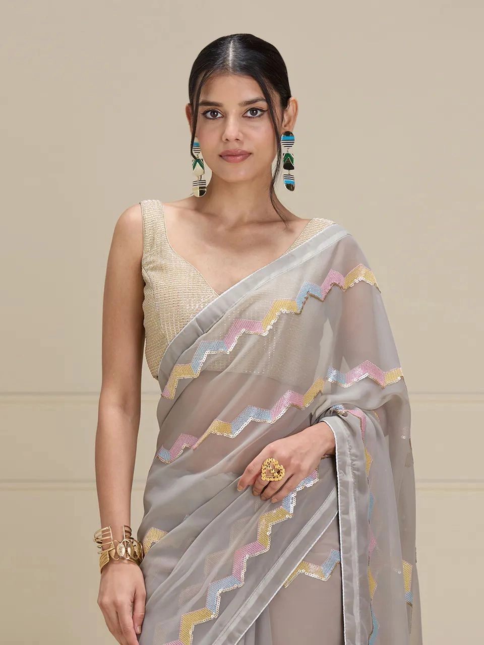 Embroidered Georgette Saree with Banglory Silk Blouse-Grey-2