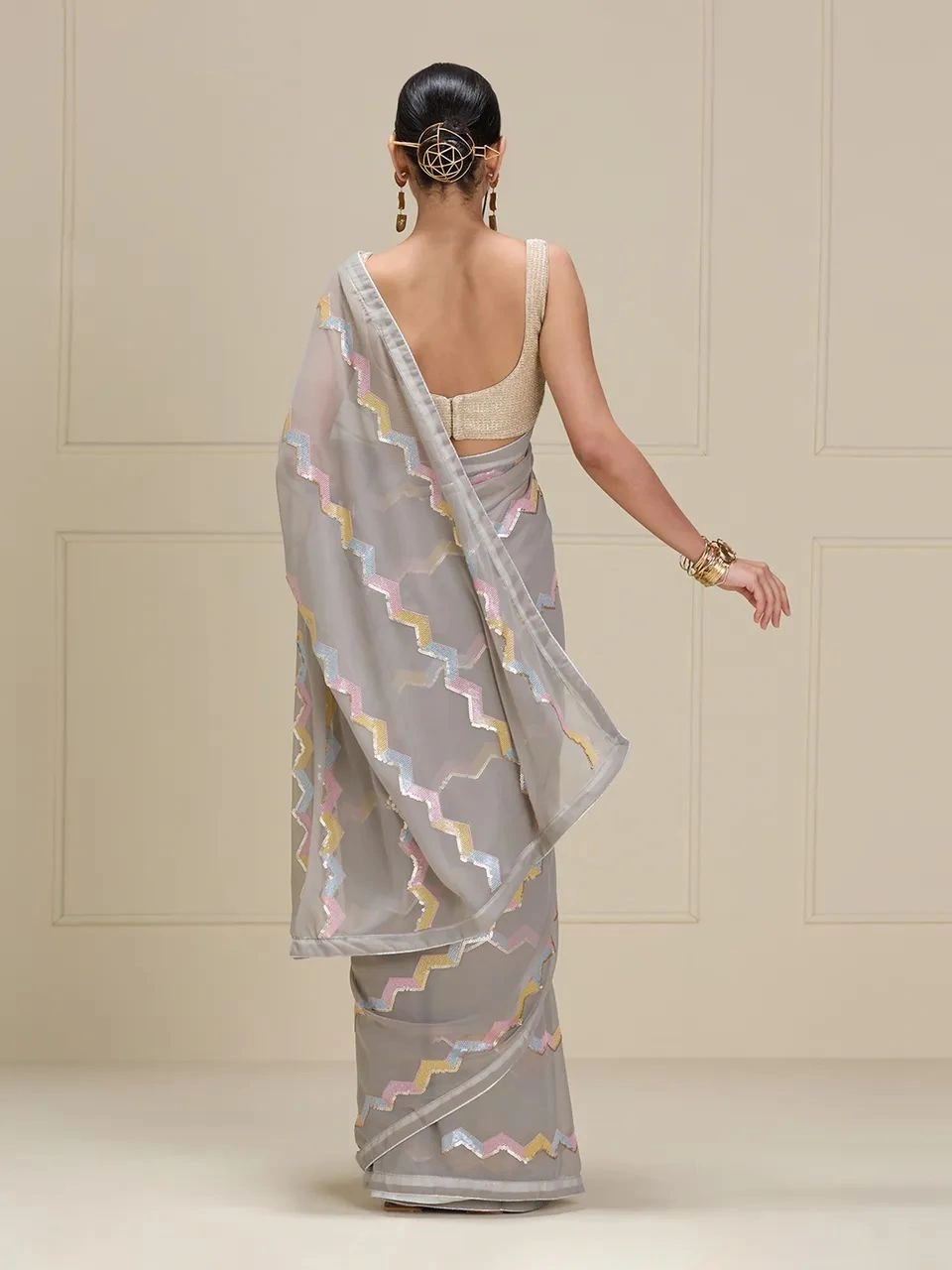 Embroidered Georgette Saree with Banglory Silk Blouse-Grey-3