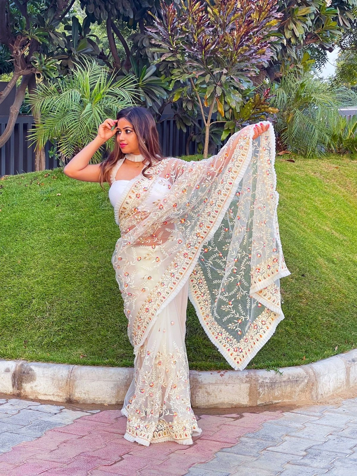 Butterscotch Net Saree: High-Quality, Embroidered, Double Layered, and Lightweight-RBC-21-B-White