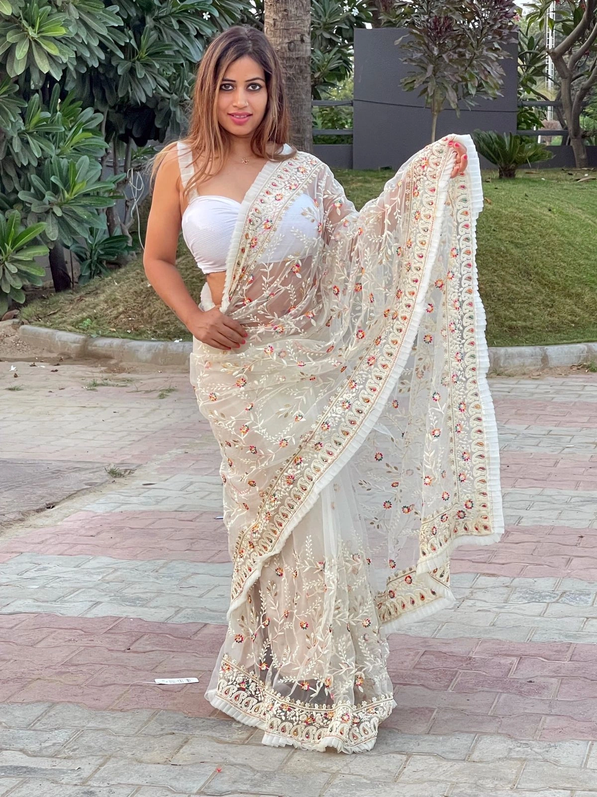 Butterscotch Net Saree: High-Quality, Embroidered, Double Layered, and Lightweight-White-1