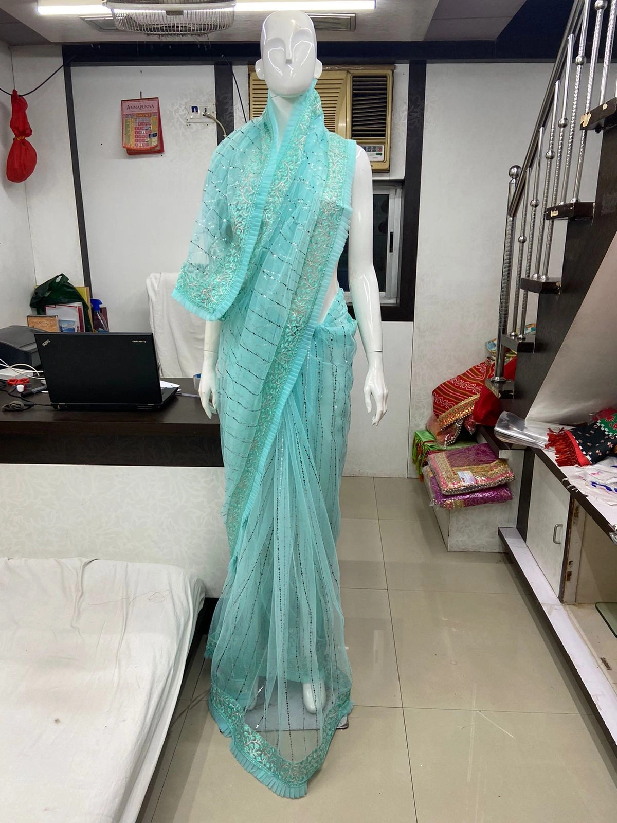 Elegant Lace Embroidered Saree with Intricate Mirar Work and Stunning Frill-RBC-23-B-SkyBlue