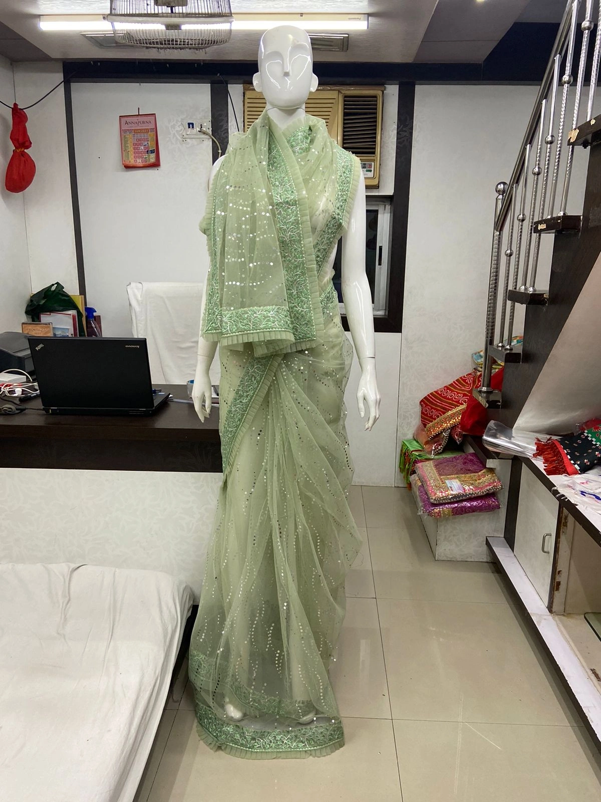 Elegant Lace Embroidered Saree with Intricate Mirar Work and Stunning Frill-RBC-23-B-Green