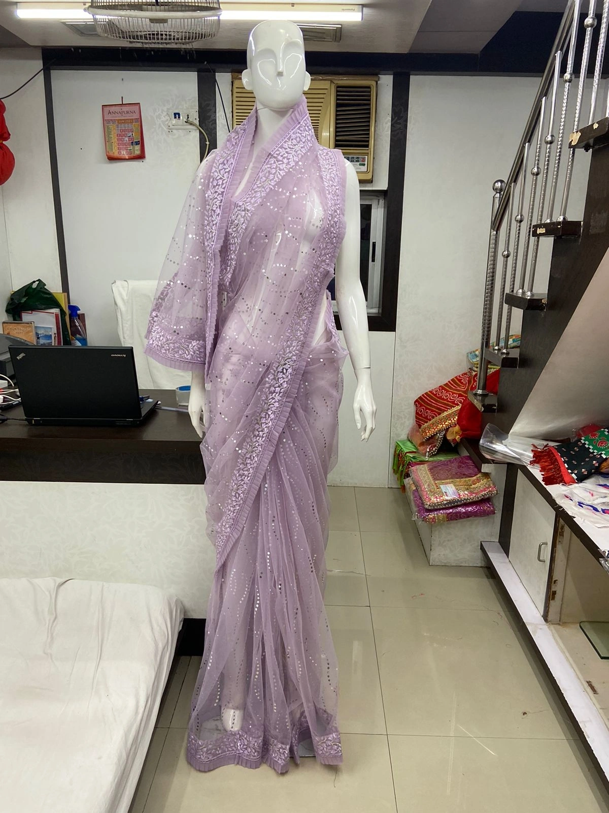 Elegant Lace Embroidered Saree with Intricate Mirar Work and Stunning Frill-RBC-23-B-Lavender