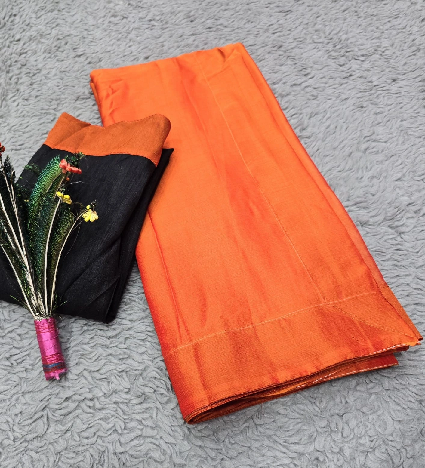 Launching: Super Hit Collection - Marbal Chiffon Saree (Black)-RJK-41-Orange