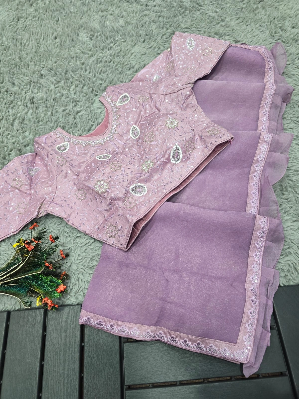 Golden Crystal Fabric Saree with Sequin Border &amp; Stunning Handwork-RJK-42-Lavender