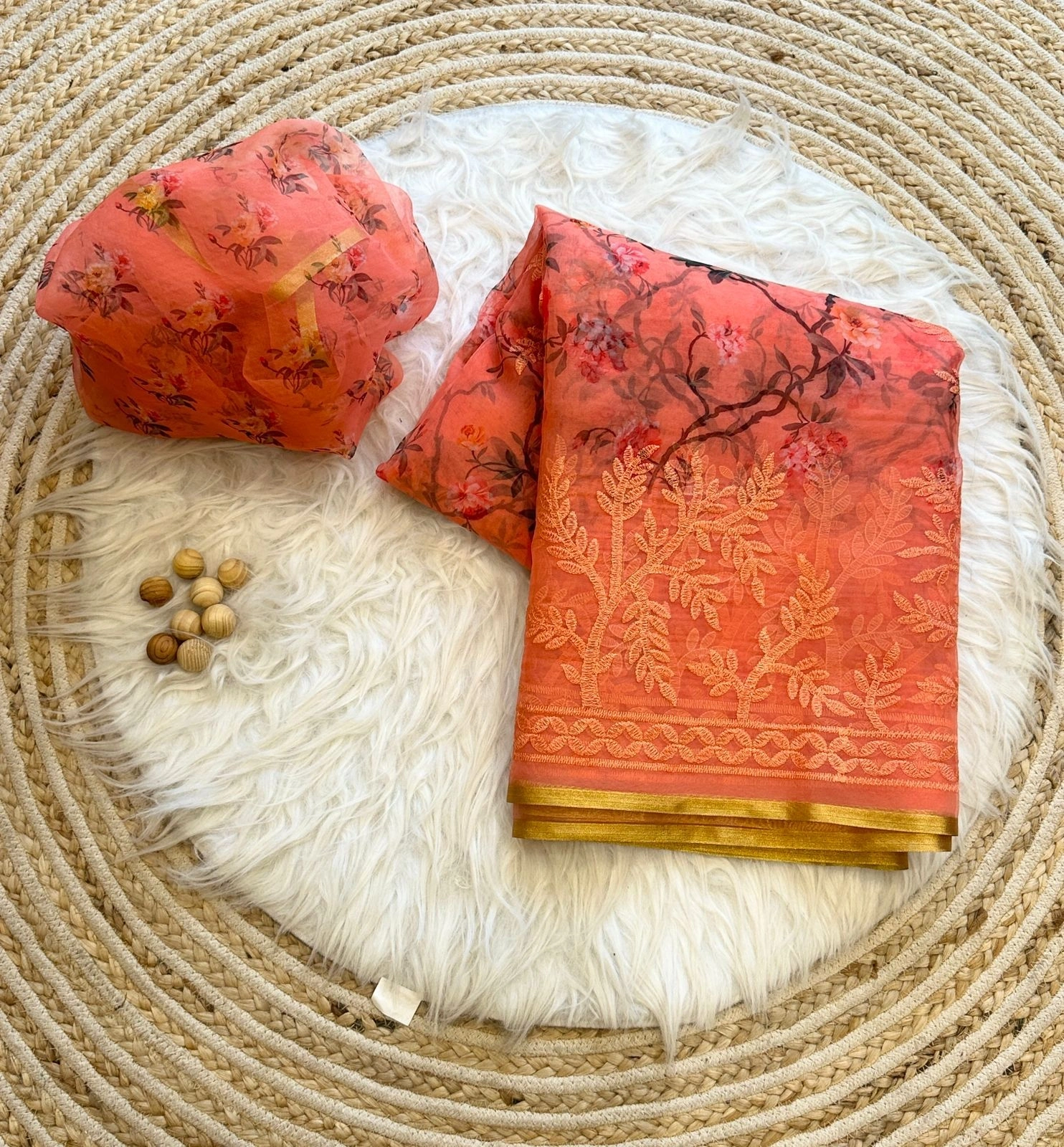 Soft Silk Saree: Floral Print, Embroidered, Viscose Thread Work, Jhaler Detail-Orange-2