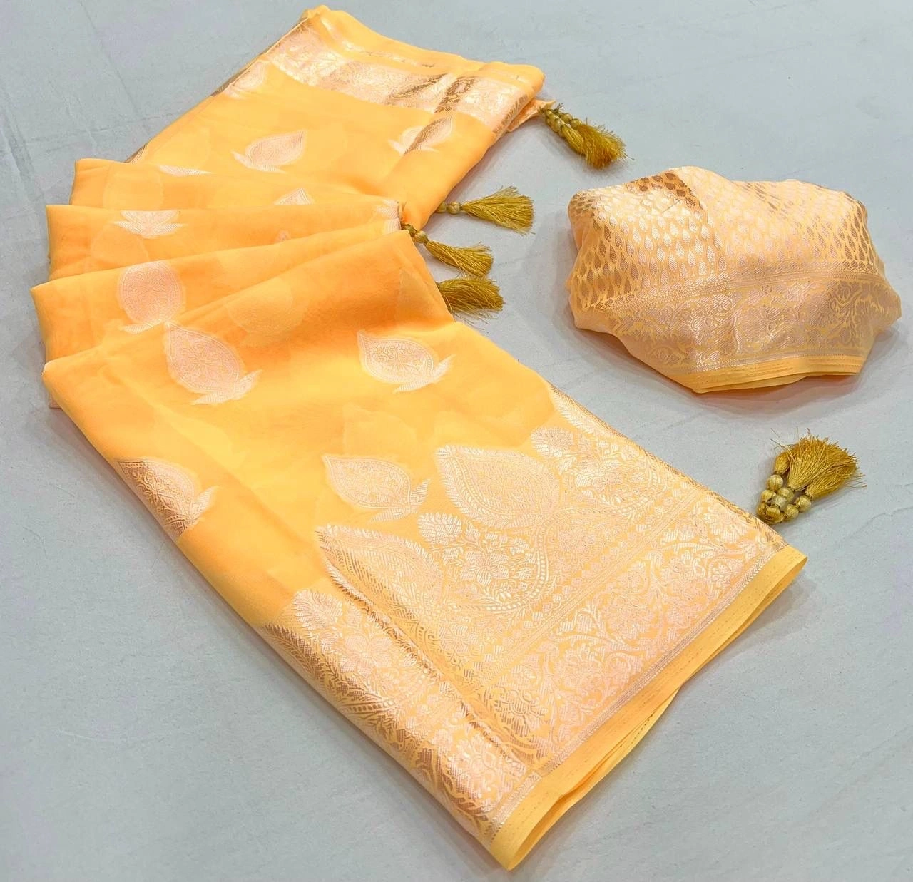 Georgette Silk Saree: Elegant Weaved Viscose with Rich Pallu &amp; Latkan-MPL-24-Yellow