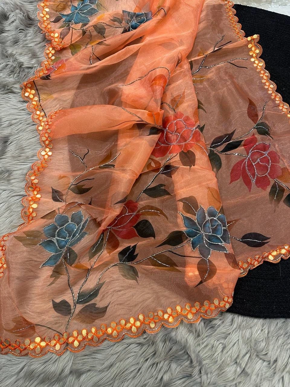 Tulip Love: Heavy Summer Handwork Saree with Floral Digital Print-MPL-26-Peach