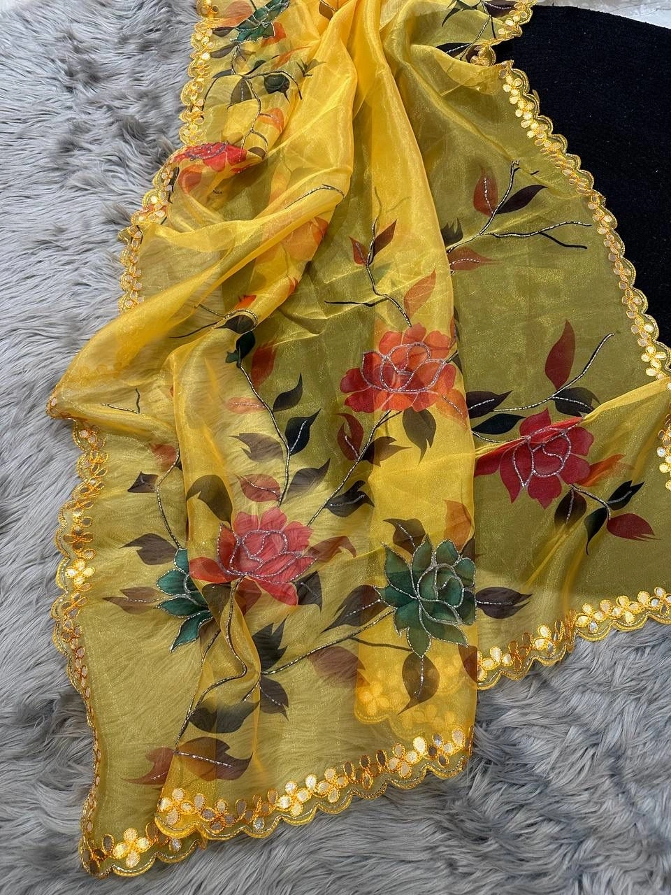 Tulip Love: Heavy Summer Handwork Saree with Floral Digital Print-MPL-26-Yellow