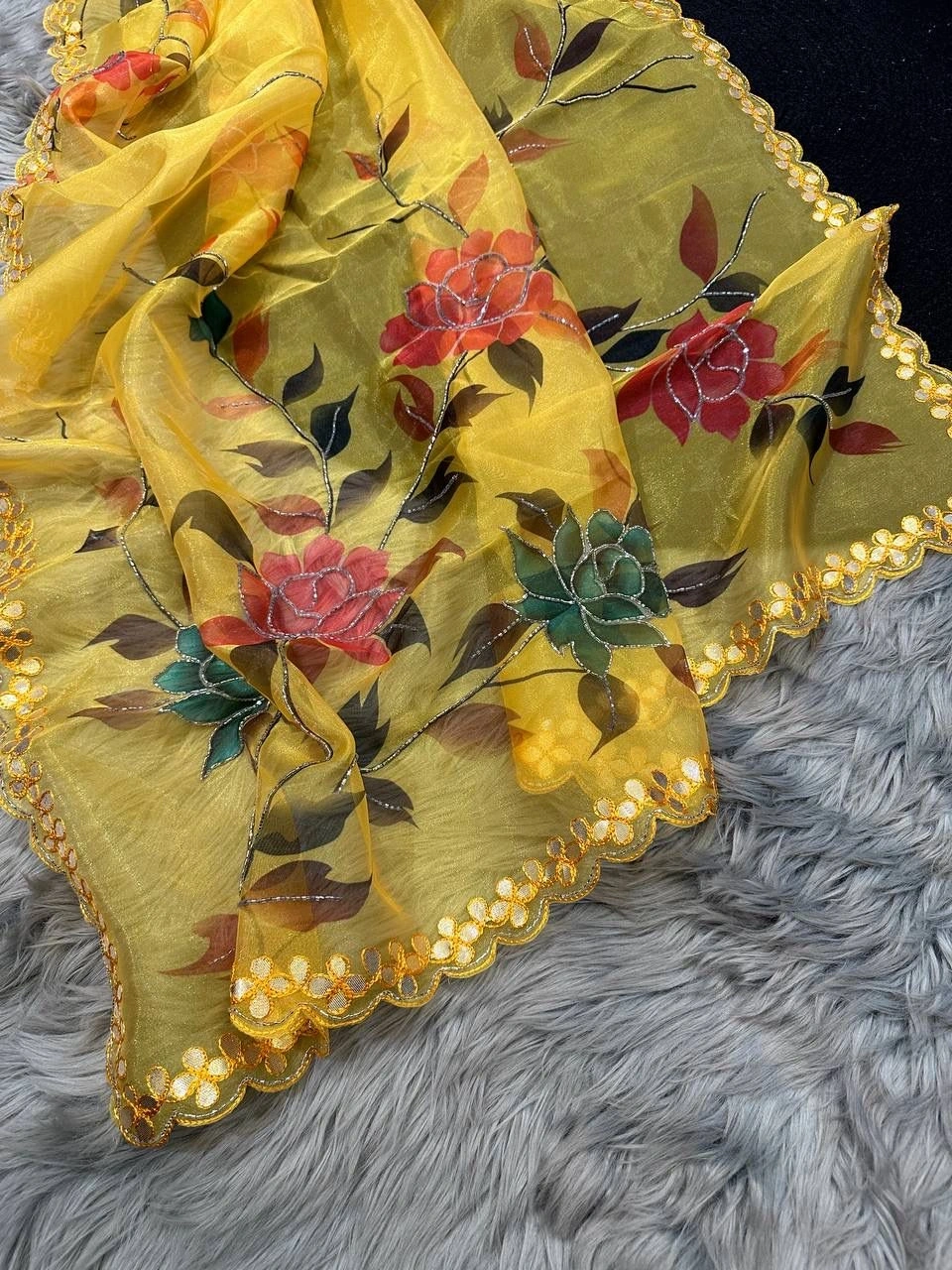 Tulip Love: Heavy Summer Handwork Saree with Floral Digital Print-Yellow-2