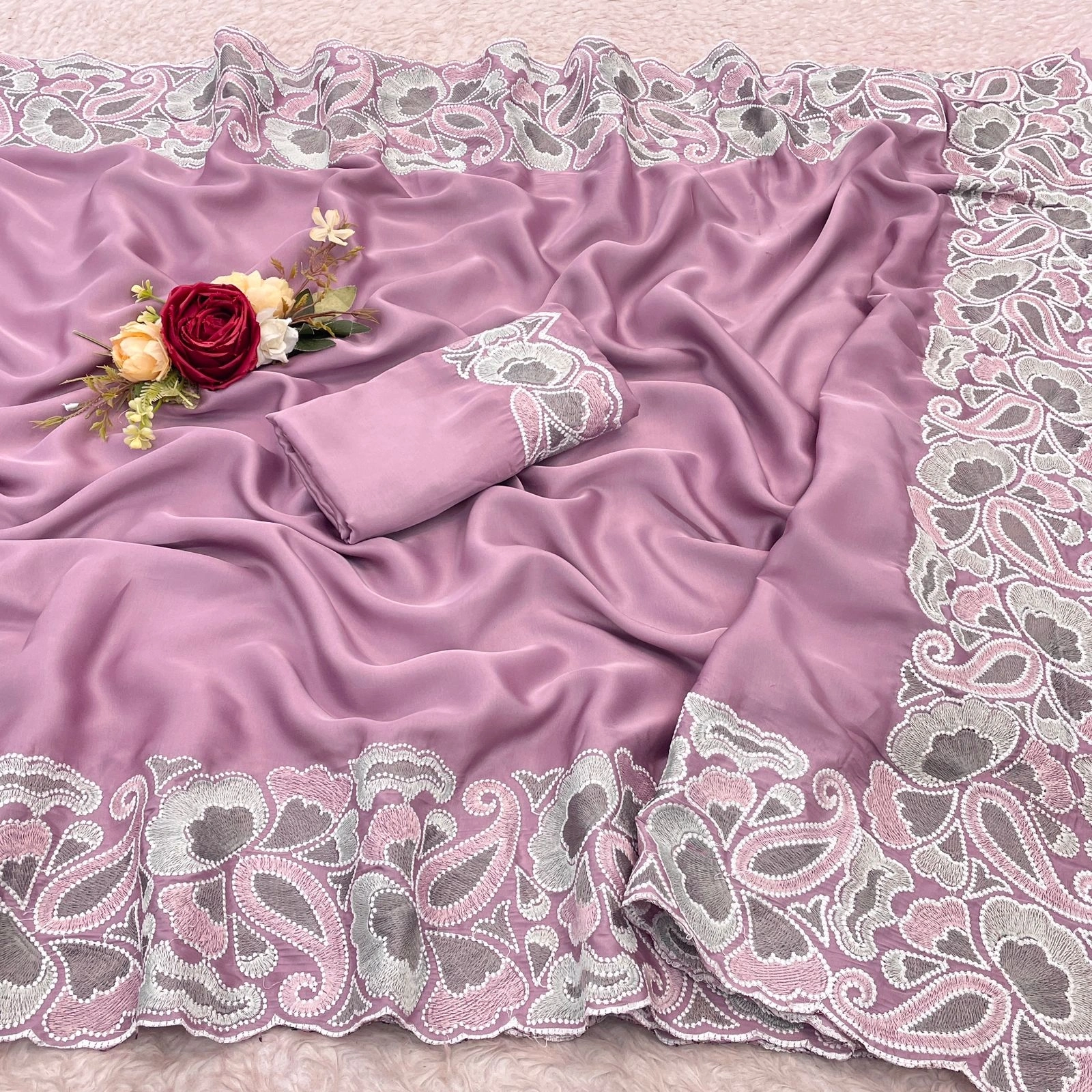 Monga Silk Sarees: Elegant Embroidery, Abstract Cutwork, and Matching Blouse-Pink-4