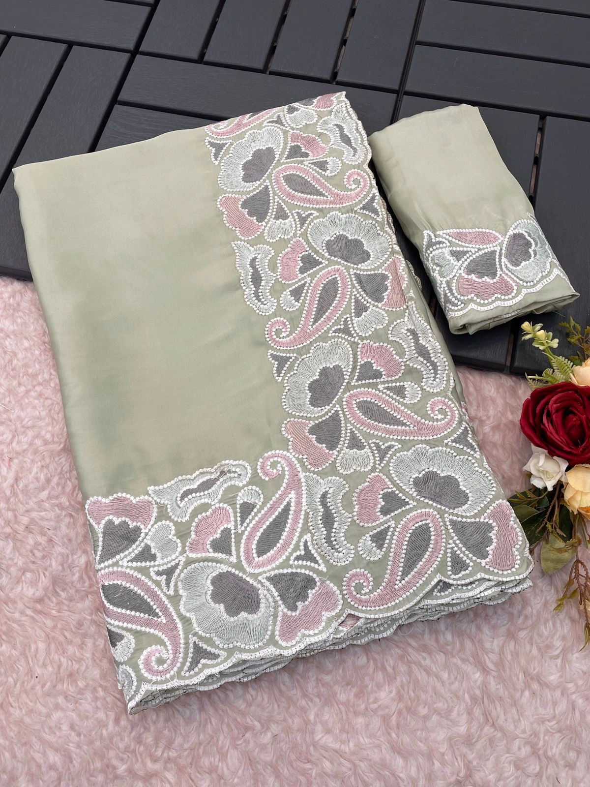 Monga Silk Sarees: Elegant Embroidery, Abstract Cutwork, and Matching Blouse-RRS-19-Green