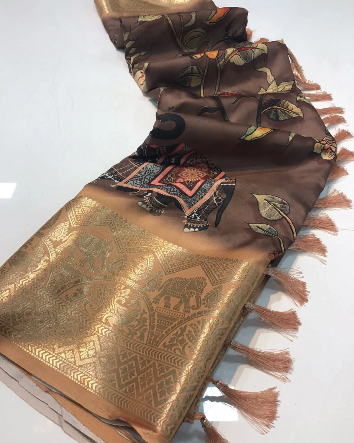 Soft Silk Saree: Zari Weaving, Rich Pallu, Kalamkari Digital Prints-RUN-03-Brown