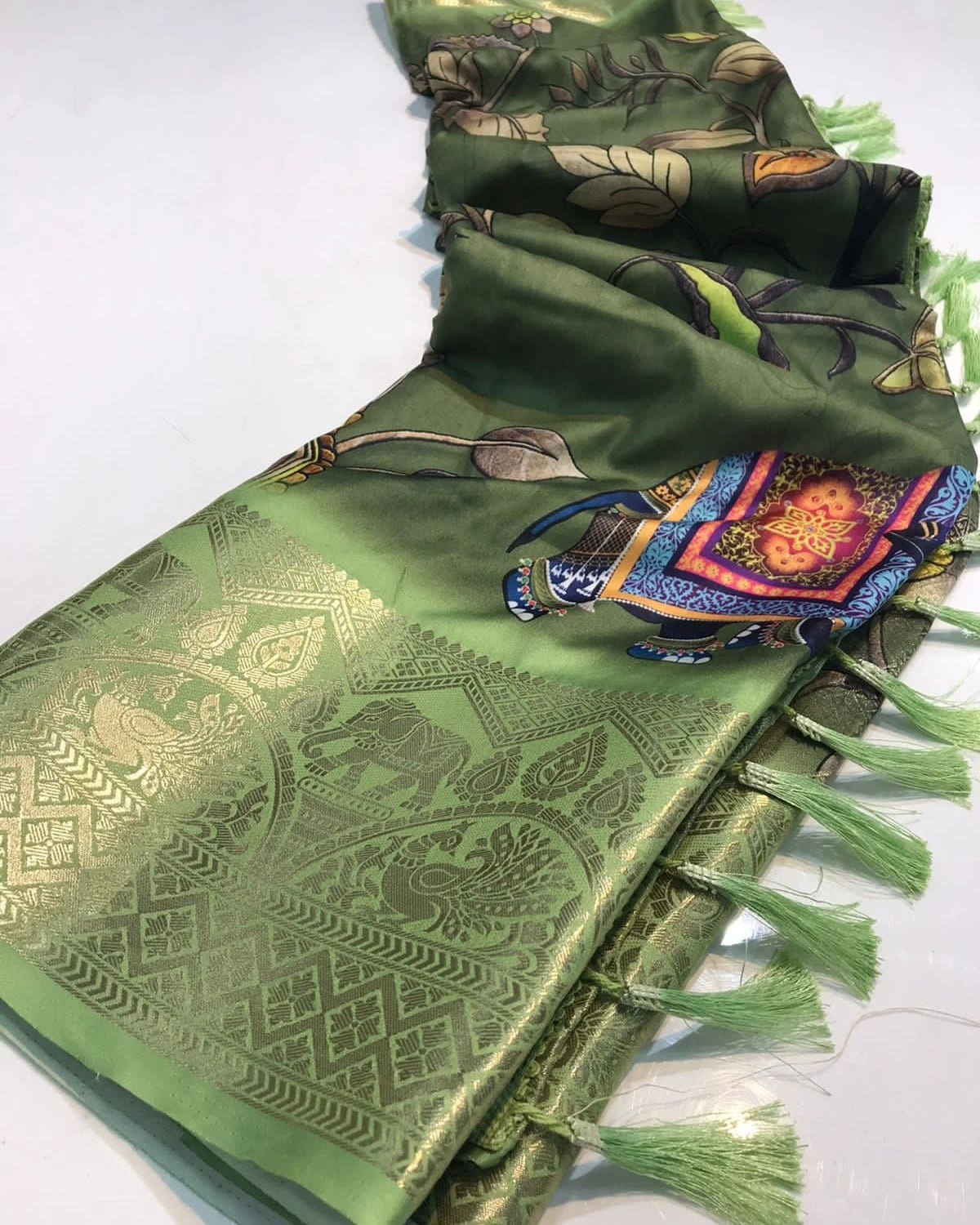 Soft Silk Saree: Zari Weaving, Rich Pallu, Kalamkari Digital Prints-RUN-03-Green