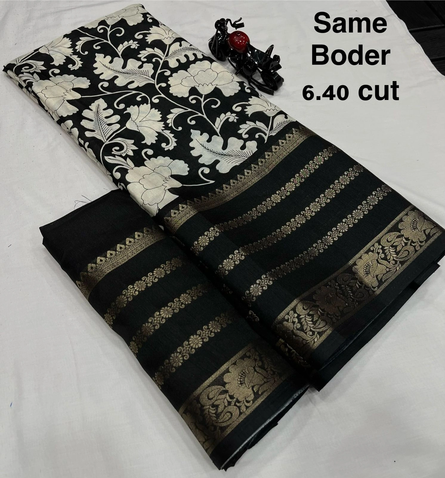 Floral Border Silk Saree with Zari Pallu &amp; Blouse-Black-1