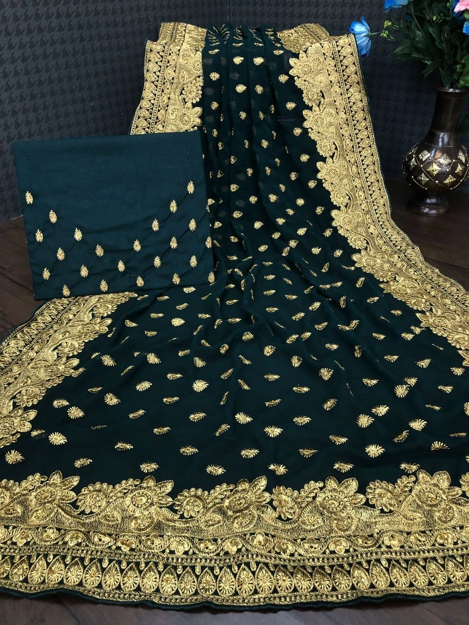 Soft Georgette Saree with Intricate Embroidery, Unleash Your Glamour!-KSF-Vol3-DarkGreen