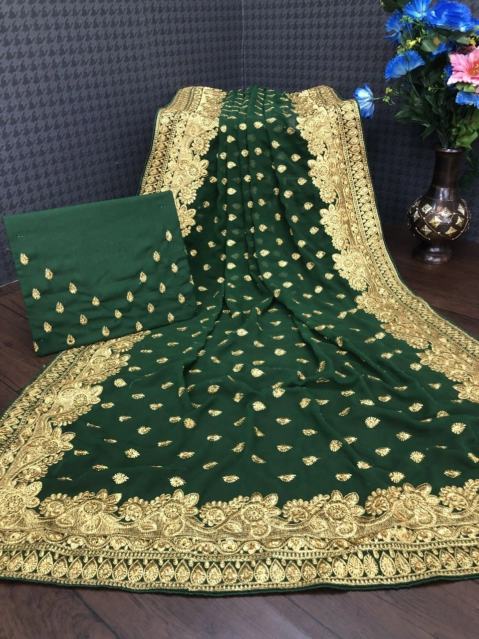 Soft Georgette Saree with Intricate Embroidery, Unleash Your Glamour!-Green-1