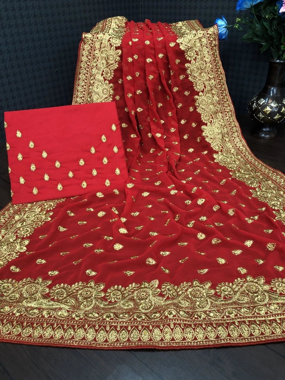 Soft Georgette Saree with Intricate Embroidery, Unleash Your Glamour!-KSF-Vol3-Red