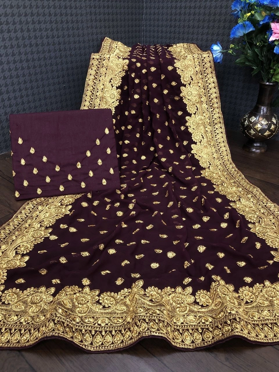 Soft Georgette Saree with Intricate Embroidery, Unleash Your Glamour!-KSF-Vol3-Wine