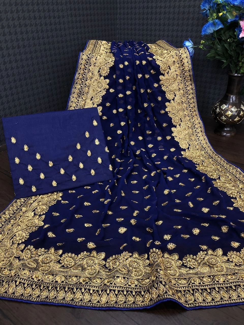 Soft Georgette Saree with Intricate Embroidery, Unleash Your Glamour!-KSF-Vol3-Blue