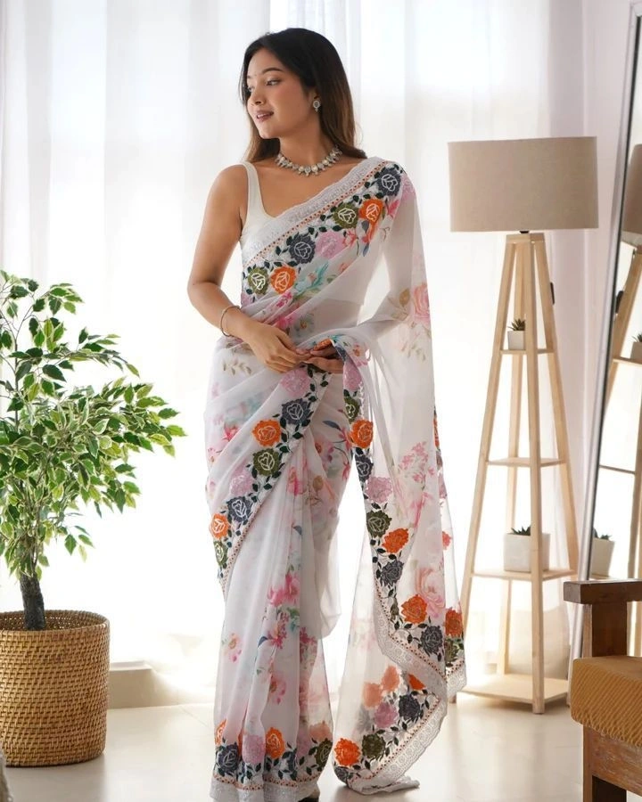 Georgette Saree: Flower Print with Sequin Embroidery - Stunning &amp; Unstitched-KSF-Vamika-White