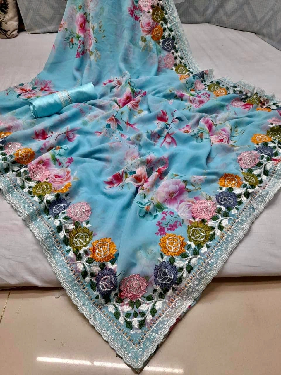 Georgette Saree: Flower Print with Sequin Embroidery - Stunning &amp; Unstitched-Sky Blue-1