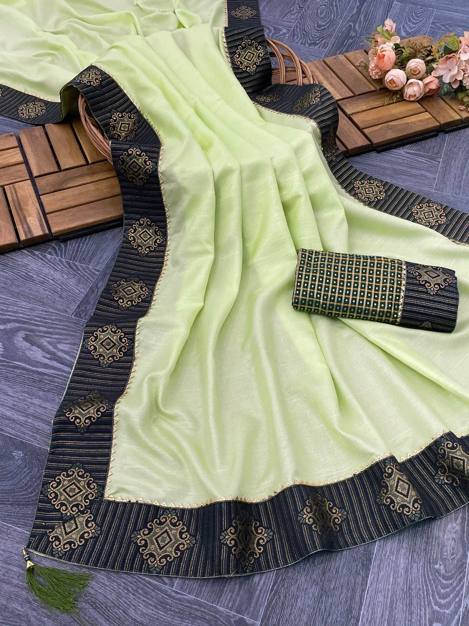 5.30 Length Vichitrta Cotton Saree with Dorby Jacquard Blouse - Elegant and Unique!-Pista-1