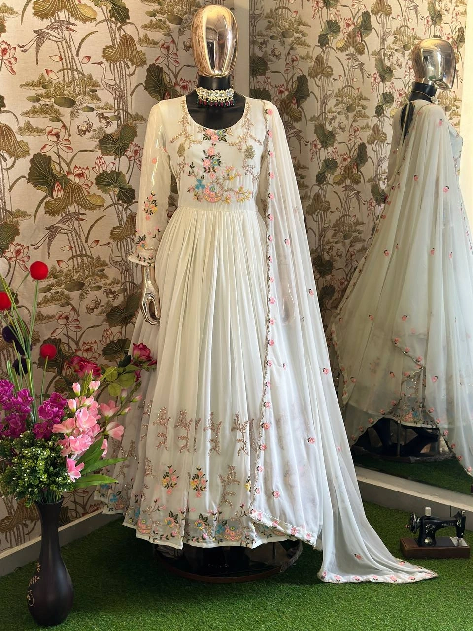 Exquisite XL Foux Georgette Gown with Multithread Embroidery-White-1