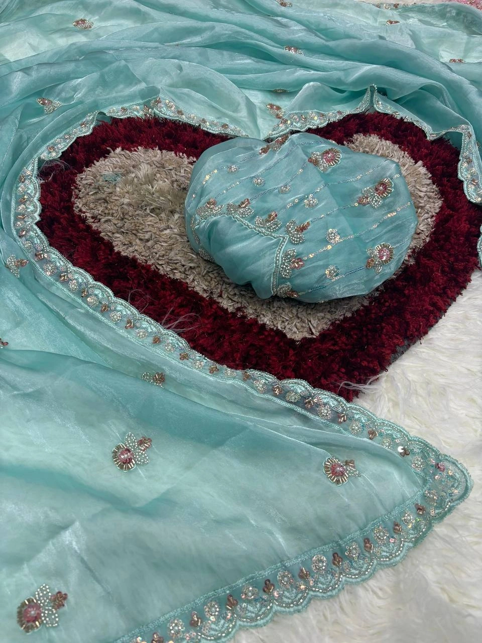 Jimmy Choo Silk Handwork Partywear Saree: Elegant, Intricate, and Luxurious-Sky Blue-1