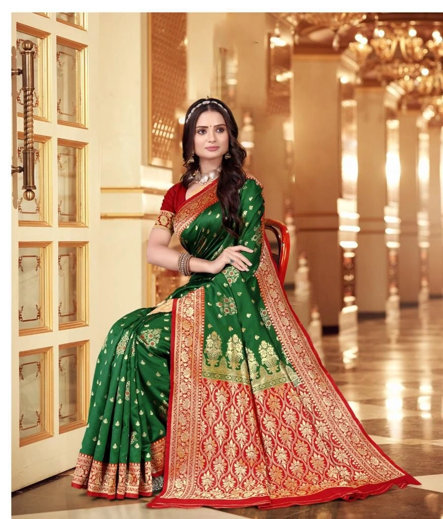 Luxurious Lichi Silk Saree with Rich Jacquard Work-Green-1