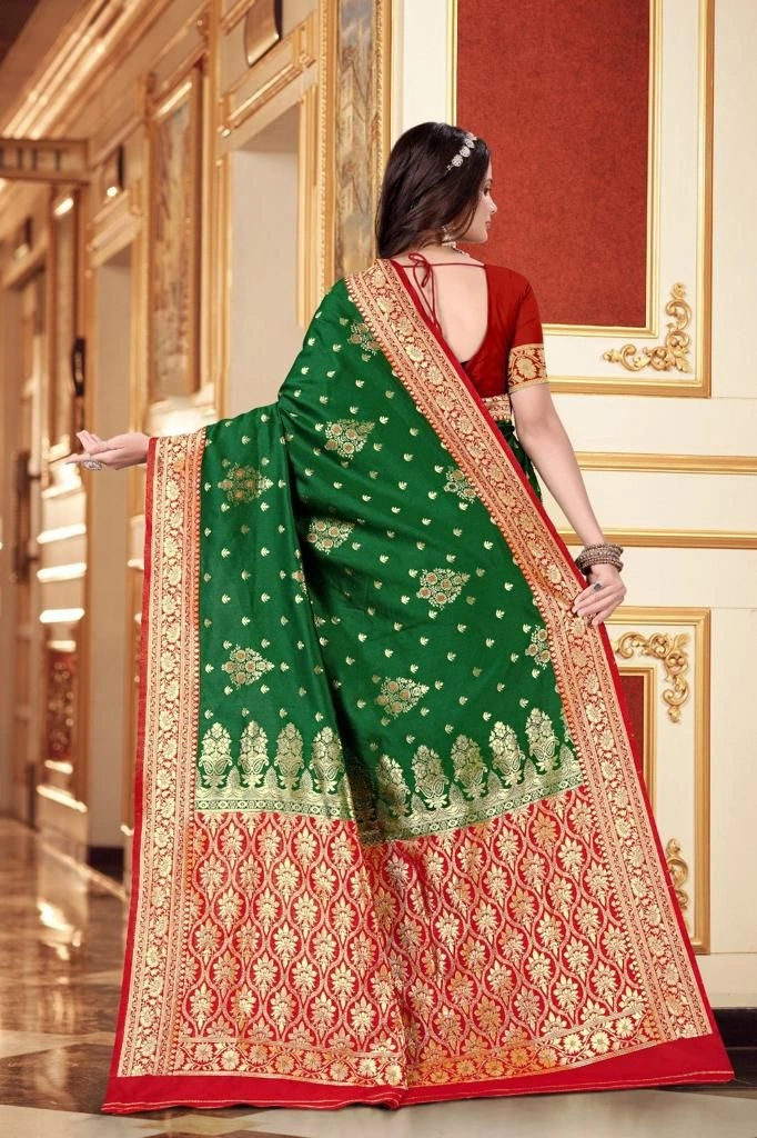 Luxurious Lichi Silk Saree with Rich Jacquard Work-Green-2