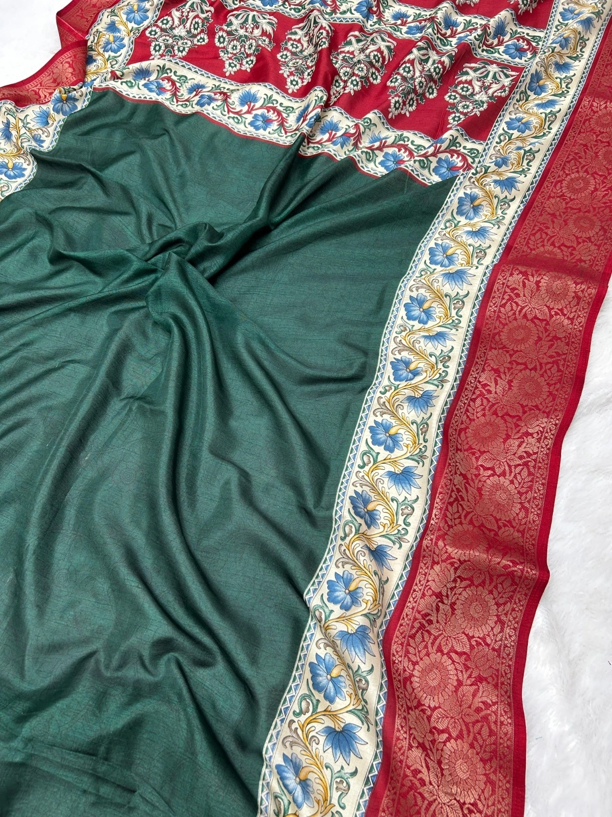 BSY Dola Silk Saree with Kalamkari Print and Zari Border-MNF-01-Green