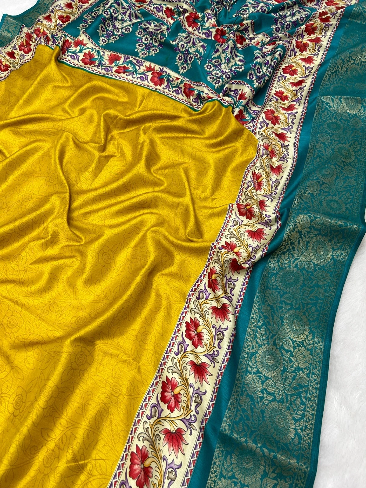 BSY Dola Silk Saree with Kalamkari Print and Zari Border-MNF-01-Yellow