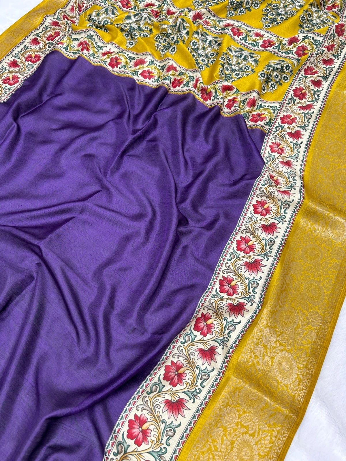 BSY Dola Silk Saree with Kalamkari Print and Zari Border-Purple-1