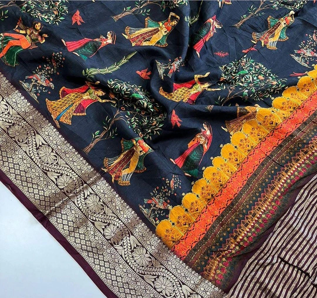 Exquisite Pichwai Kalamkari Silk Saree with Viscose Border-Black-1