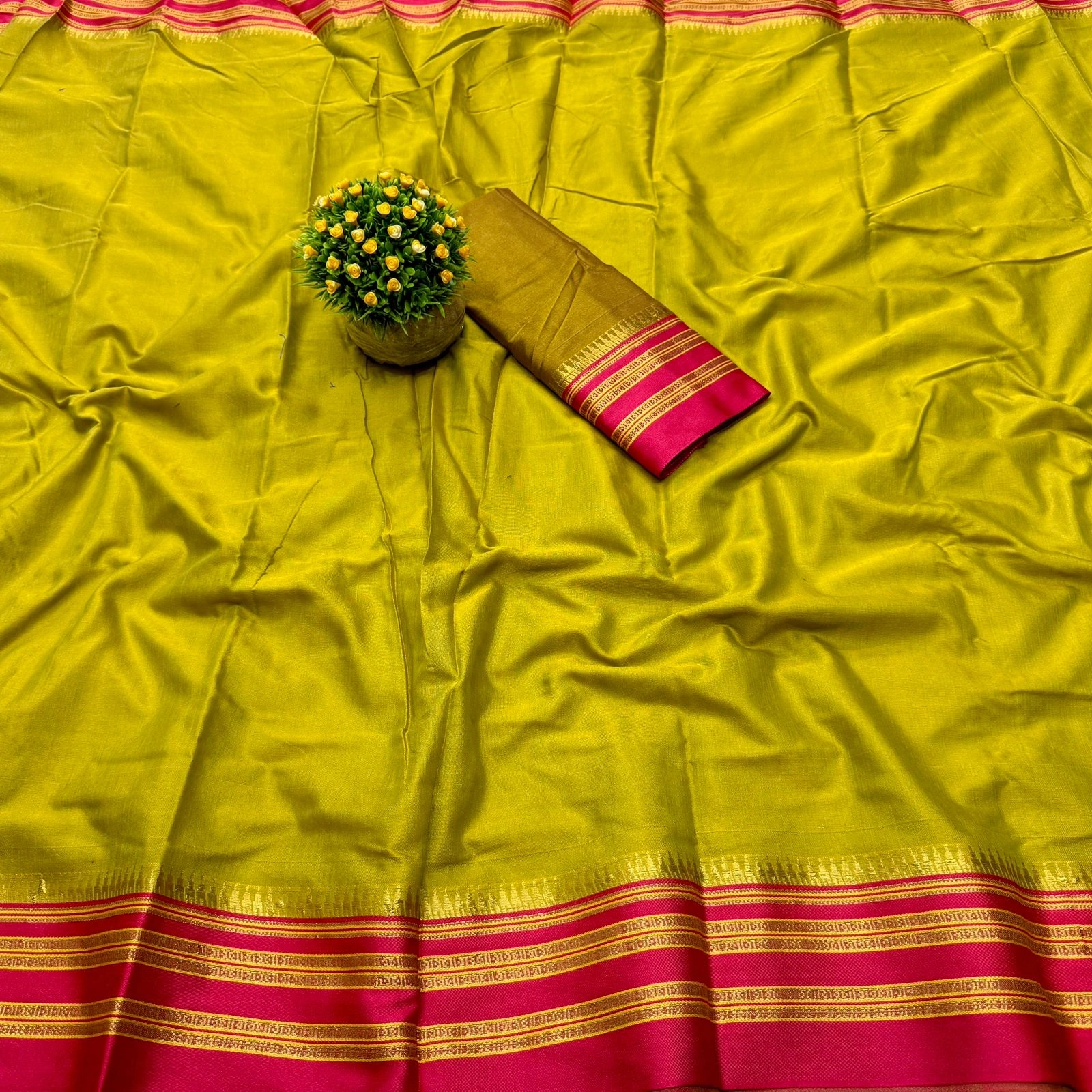 Contrast Weave Narayanpet Silk Saree Set-MKD-85-Yellow