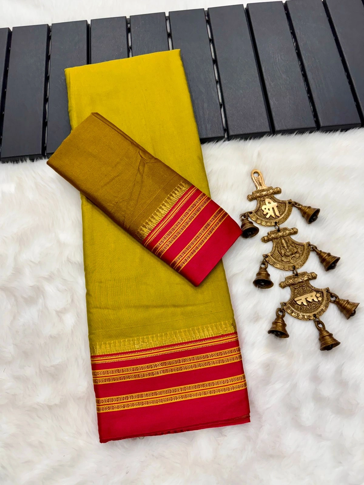 Contrast Weave Narayanpet Silk Saree Set-Yellow-2