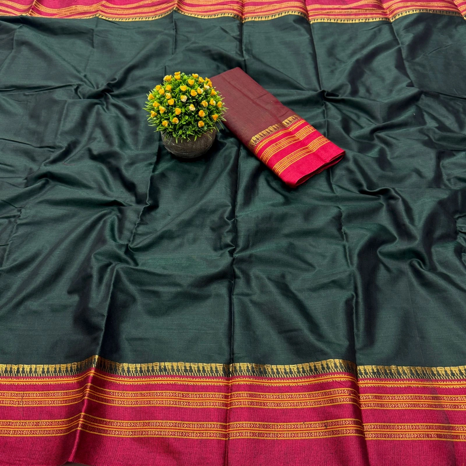 Contrast Weave Narayanpet Silk Saree Set-MKD-85-Green