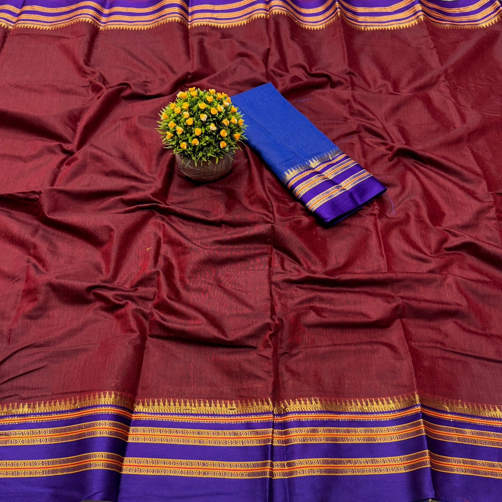 Contrast Weave Narayanpet Silk Saree Set-MKD-85-Wine