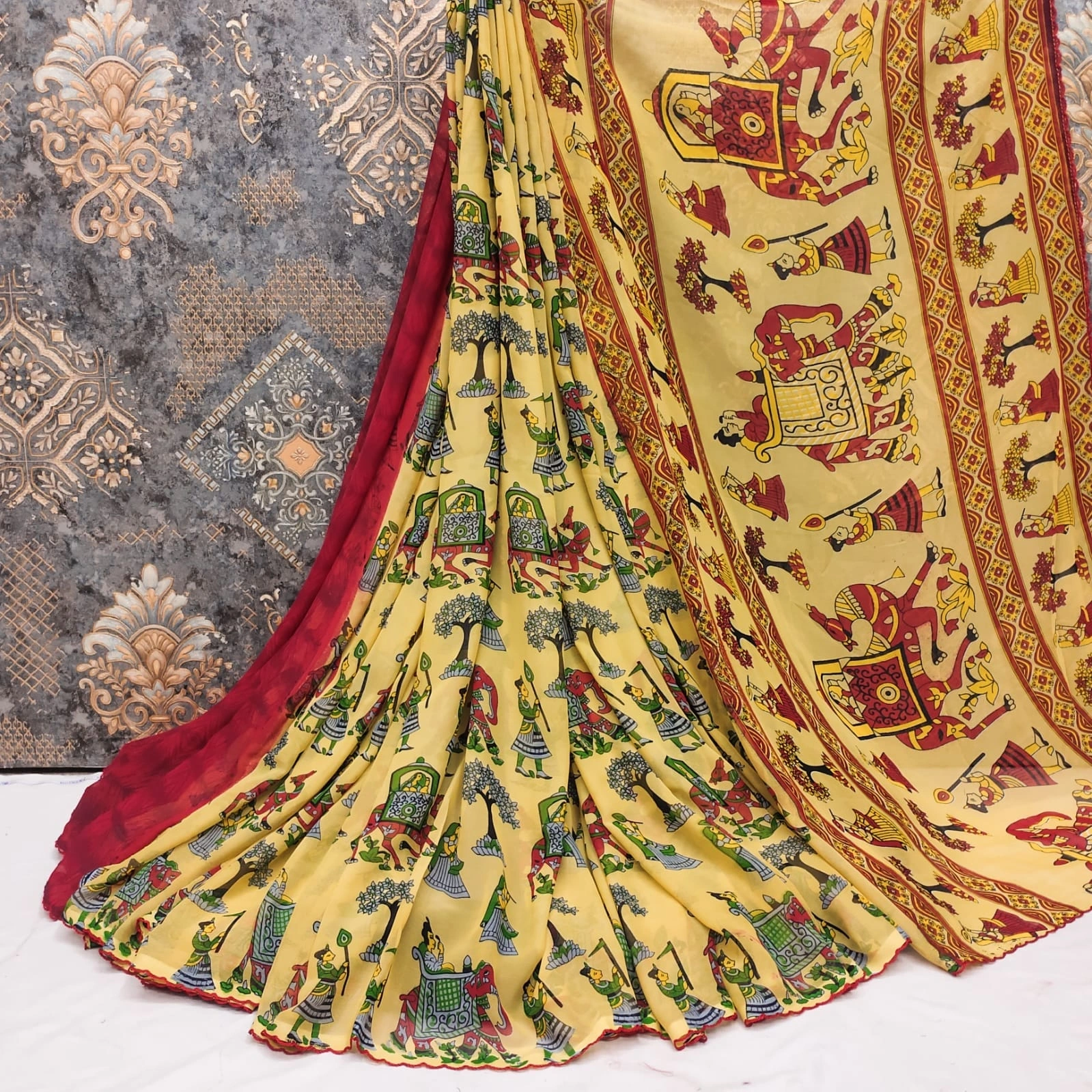 Stunning Georgette Sarees: All-Over Kalamkari Design with Gorgeous Pallu and Blouse-MKD-87-Yellow