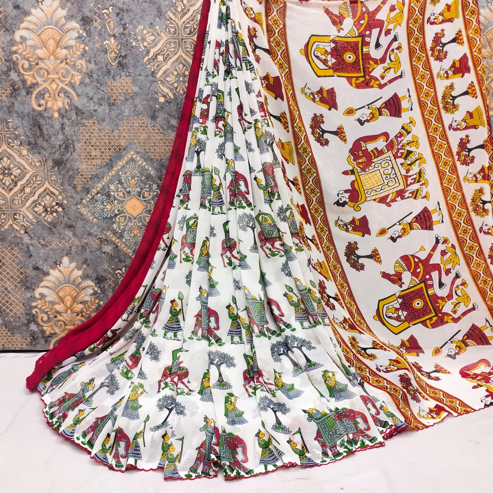 Stunning Georgette Sarees: All-Over Kalamkari Design with Gorgeous Pallu and Blouse-MKD-87-White