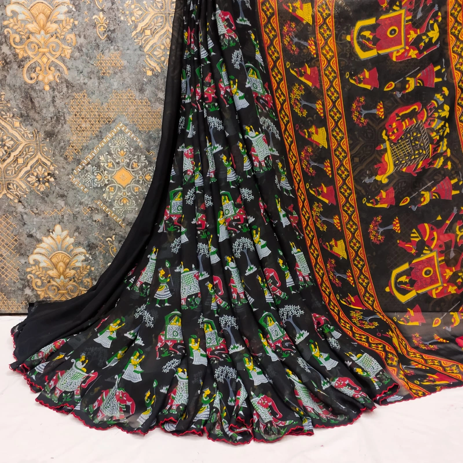 Stunning Georgette Sarees: All-Over Kalamkari Design with Gorgeous Pallu and Blouse-MKD-87-Black