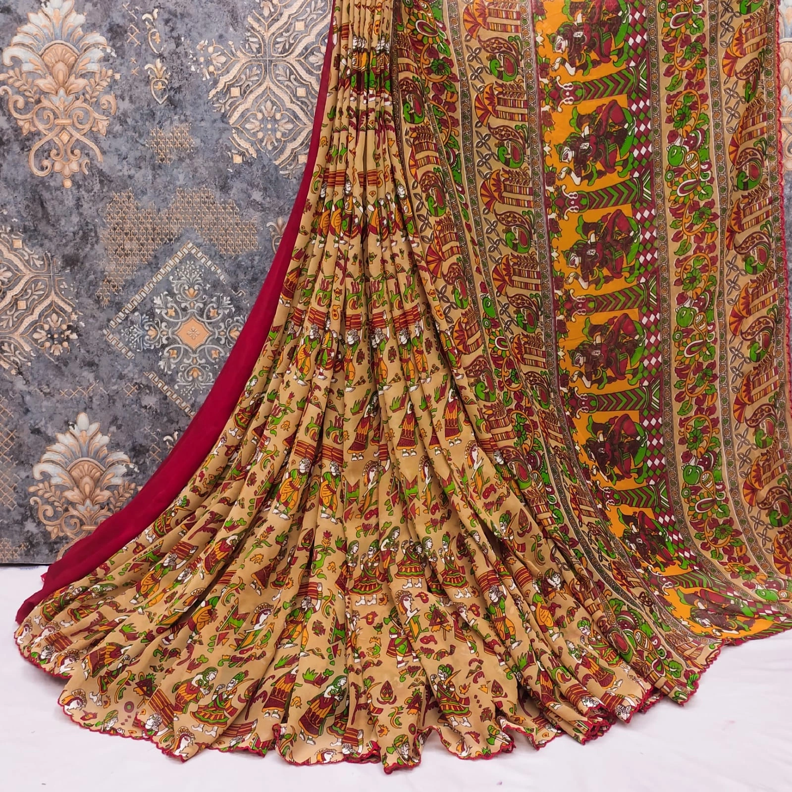 Stunning Georgette Sarees: All-Over Kalamkari Design with Gorgeous Pallu and Blouse-MKD-87-Orange