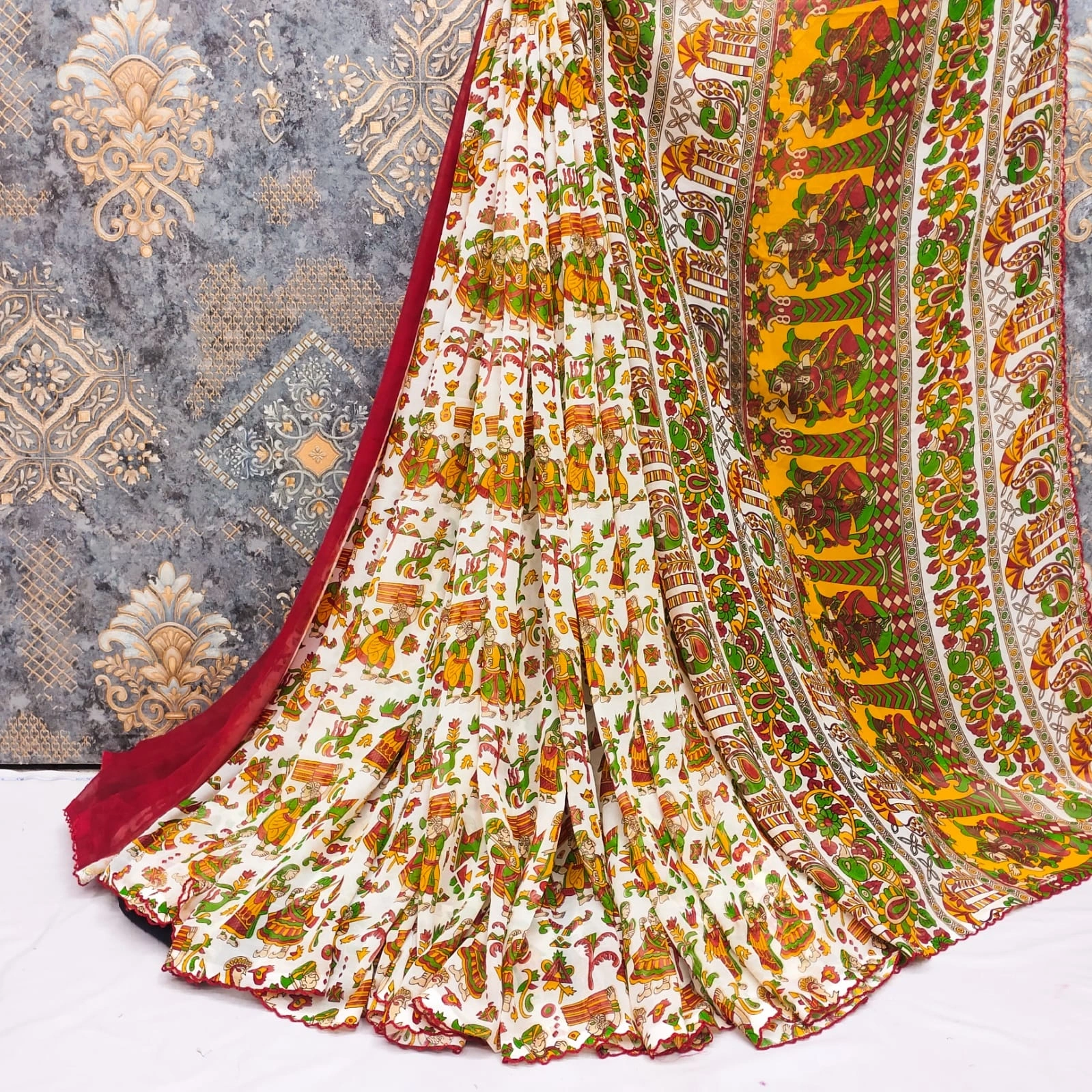 Stunning Georgette Sarees: All-Over Kalamkari Design with Gorgeous Pallu and Blouse-MKD-87-Cream