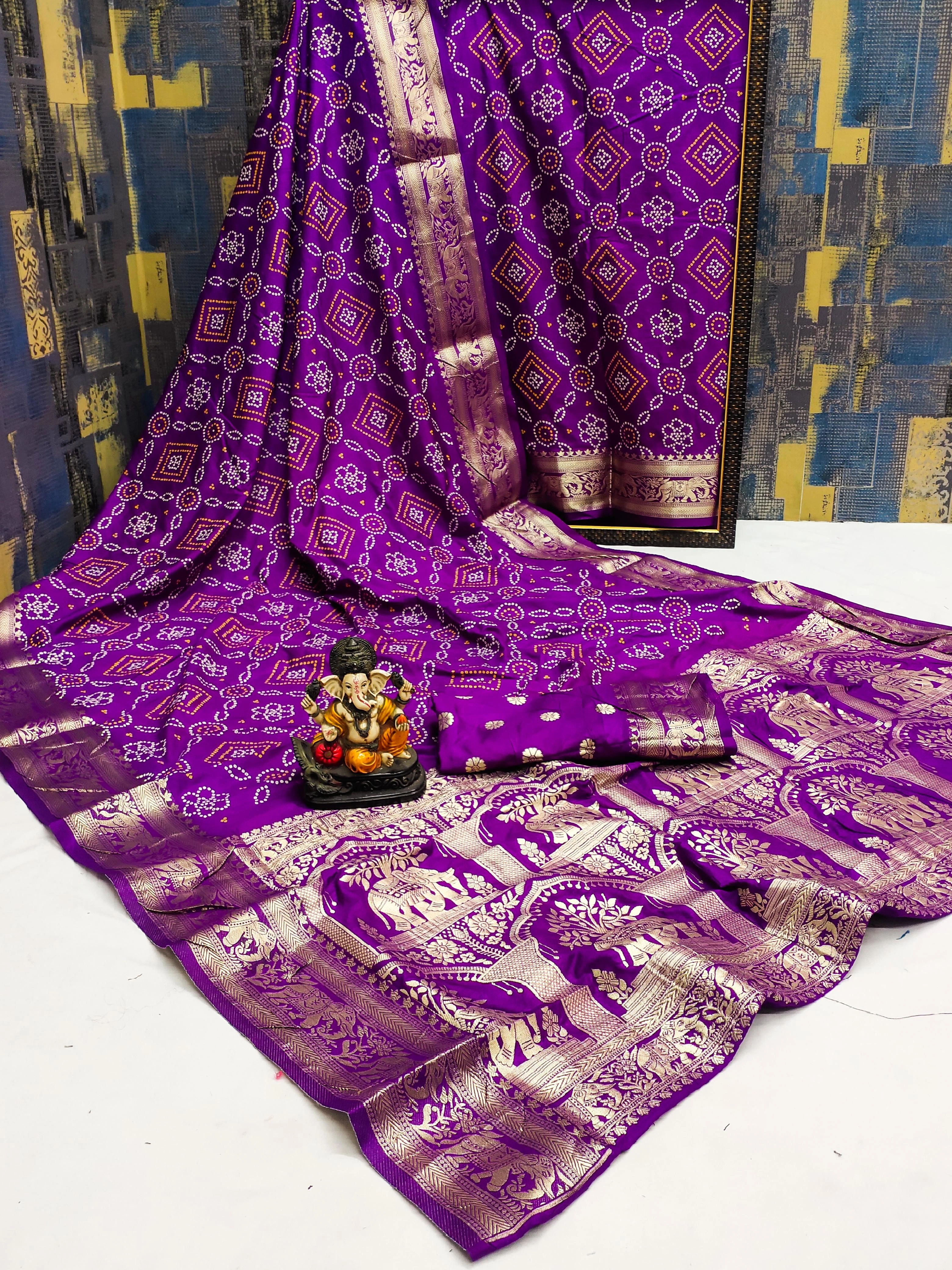 Handpicked Bandhej Print Silk Saree with Weaving Border - Lightweight &amp; Vibrant!-VAD-25-Purple